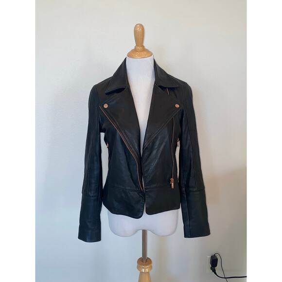 Ted Baker Lizia Leather Biker Jacket Black size 2 (Small) - Picture 3 of 8